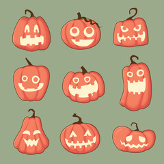 Vintage Halloween poster design with vector jack o lantern character set. 