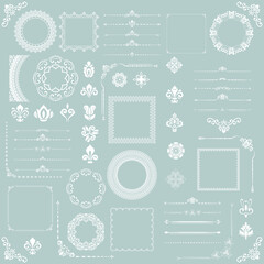 Vintage set of horizontal, square and round elements. White elements for backgrounds, frames and monograms. Classic patterns. Set of vintage patterns