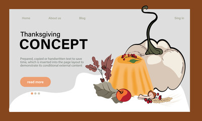 Happy Thanksgiving holiday vector design template for websites, posters, banners. Happy Thanksgiving with traditional food, turkey, pies, pumpkins and fruits. Vector website template