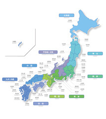 日本地図地方別色分け　Japan map colorful.