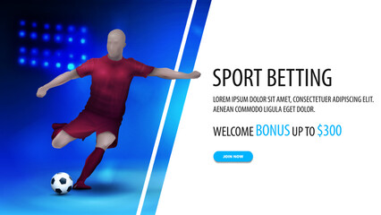 Fototapeta na wymiar Sports betting, white and blue banner with soccer player on background with stadium arena with spotlights