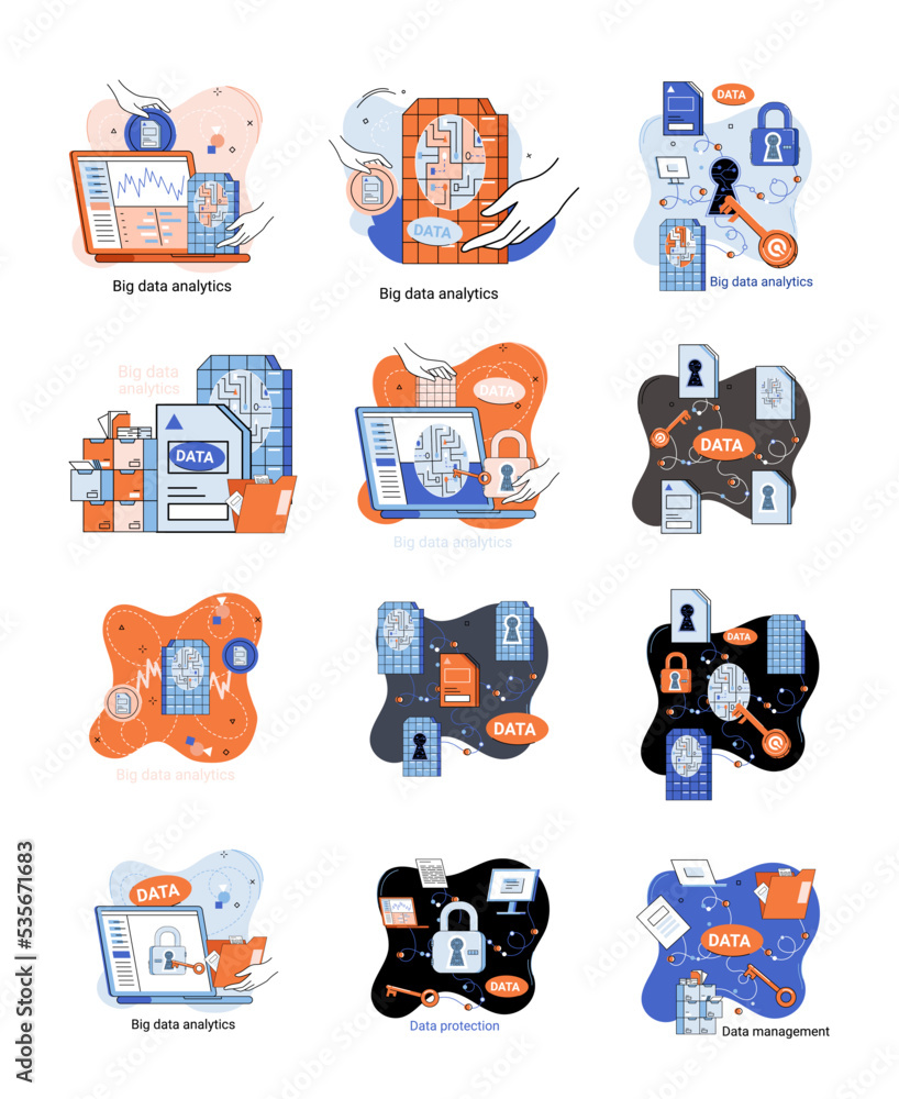 Poster big data analytics platform, data management and protection creative metaphor set abstract concept. 
