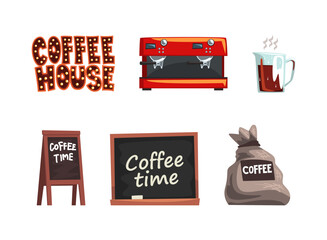 Coffee house objects set. Coffee making equipment cartoon vector illustration
