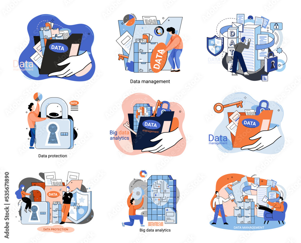 Poster big data analytics platform, data management and protection creative metaphor set abstract concept. 