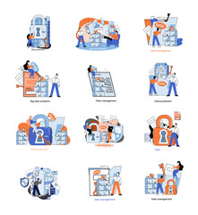 Big data analytics platform, data management and protection creative metaphor set abstract concept. Data center room disk infrastructure business information safety. Technology Internet and network