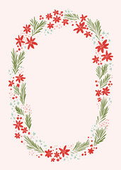 Obraz premium Digital illustration of wreath with red poinsettia flowers and fir on pink background