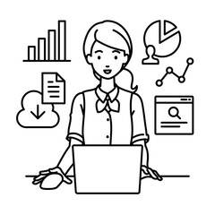 デスクでPCを前にリサーチ・データ分析・レポート作成をしている事務員制服の女性