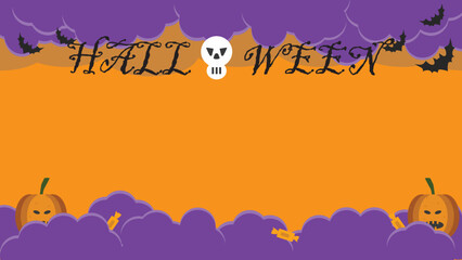 Happy Halloween party template with night clouds and pumpkins in paper cut style. Vector illustration. Flying bats, candy and skulls. Place for text. Background