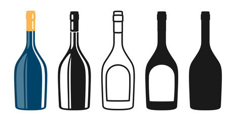 Wine bottle symbol set, silhouette, icon, stamp engraving design. Alcohol beverages sparkling wine champagne liquor. Celebration winemaking advertisement bottles mockup for bar, cafe restaurant vector