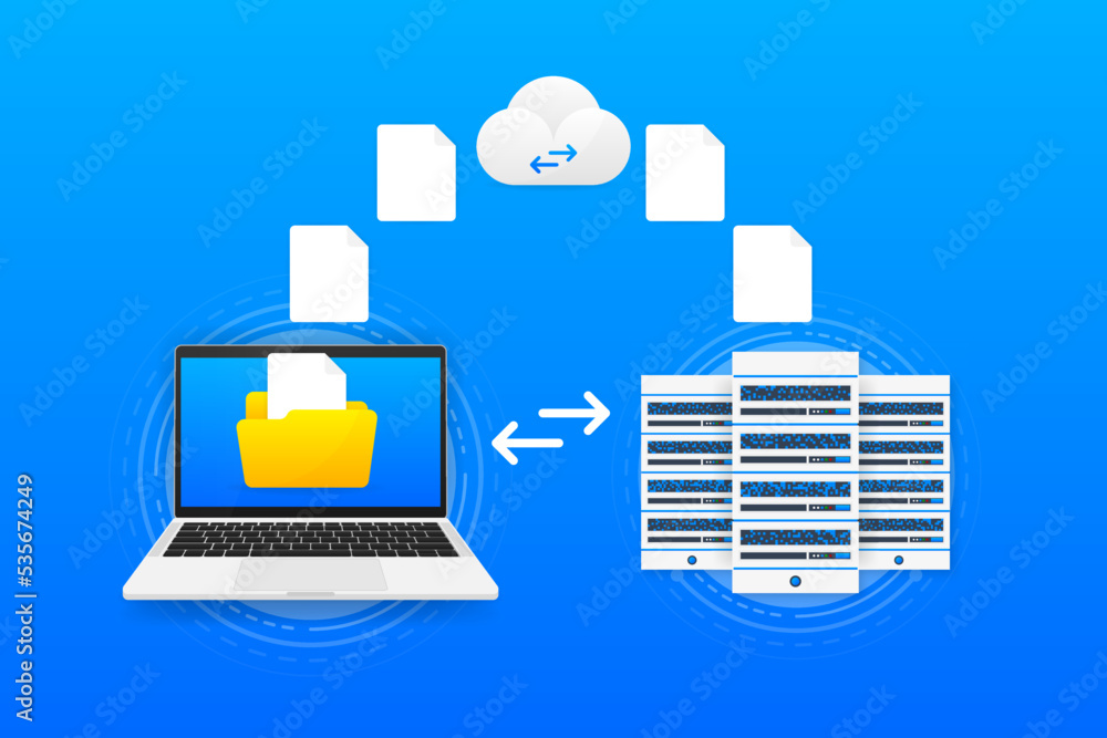 Poster data processing center. connecting the server farm to the computer with files. abstract digital stor