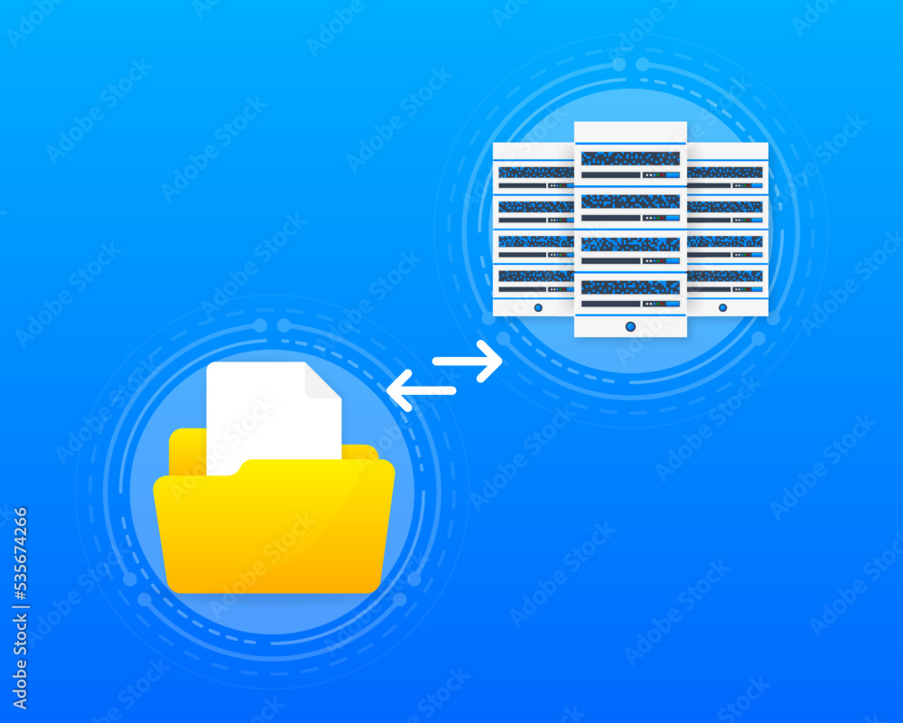 Poster data processing center. connecting the server farm to the with files in folders. abstract digital st