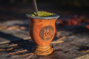 Traditional gaucho beverage / Chimarrão Gaúcho em cuia com o brasão do Rio Grande do Sul