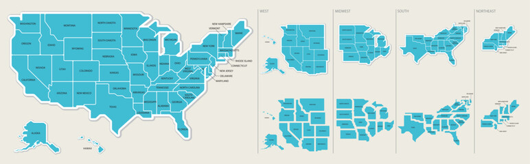 アメリカ合衆国の地図　4地域の州分け　州名入り