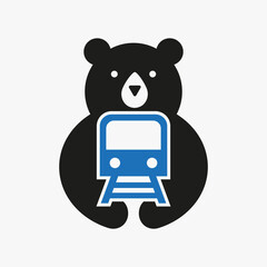 Bear Train Logo Negative Space Vector Template. Bear Holding Train Symbol