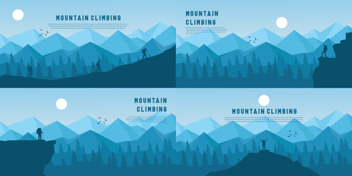 Vector landscape set in blue. Travel concept of discovering, exploring and observing mountain nature. Hiking. Adventure travel. The man looks at nature, climbs to the top, friends go hiking