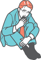 膝を抱えておにぎりを食べる男性