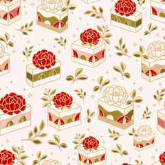 Vintage hand drawn sweet strawberry cake and pastry vector seamless pattern illustration with leaf branch and floral elements