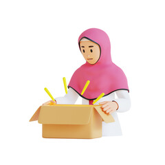 muslim woman opening box 3d character illustration