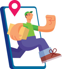 Flat design of delivery man carrying parcel and running out from smartphone