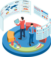 Modern 3d isometric design concept of Data Analysis with business people team working with Data Visualization for website and mobile website. Clipart Transparent PNG Hd