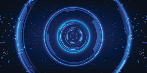 Vector illustration of orbit glowing blue with hi-tech HUD and particle forward motion represent to speed of digital data in communication innovation technology of the future. © Alleachday