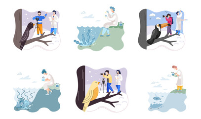 Obraz premium Observation of animals in wild. Ecologists scientists conduct research, take care of fowl and nature. Researcher study flora fauna and environment. Professional ecological activist photographing bird