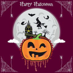 Halloween pumpkins head and haunted house castle bat spooky trees witch with full moonlight shadow