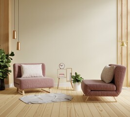 Scandinavian living room with two pink armchair on empty white wall background.