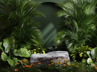 Stone platform in tropical green forest for product presentation.