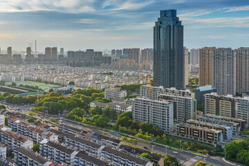 Overlooking the skyline and scenery of modern urban buildings in Jiangyin, China