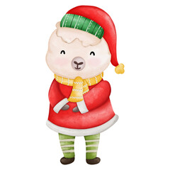 Cute Sheep in Santa costume, Watercolor Christmas season illustration, Christmas animal illustration