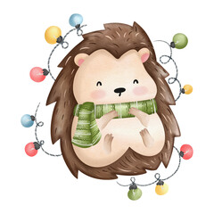Cute hedgehog with Christmas light decoration. Watercolor Christmas season illustration © Apixsala
