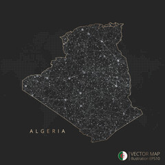 Algeria vector map abstract geometric mesh polygonal light concept with gold and white glowing contour lines countries and dots on dark background.