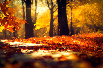 Naklejka na ściany i meble 3D Illustration, Digital Art, autumn leaves on a pathway background