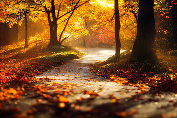 3D Illustration, Digital Art, autumn leaves on a pathway background