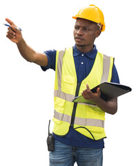 African worker holding document, standing and checking the containers box from cargo ship for export and import
