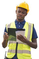 African worker holding document, standing and checking the containers box from cargo ship for export and import
