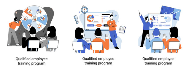 Qualified employee training program. Refresher course metaphor. Help in professional development. Learning for software development and growth. Agile project management team project life scrum meeting