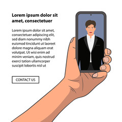 Fototapeta premium Video call or Photo call concept. hand holding smartphone with man on screen. Finger touch screen