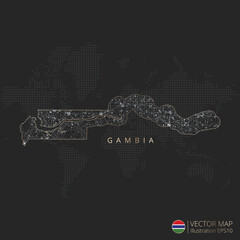 Naklejka premium Gambia vector map abstract geometric mesh polygonal light concept with gold and white glowing contour lines countries and dots on dark background.