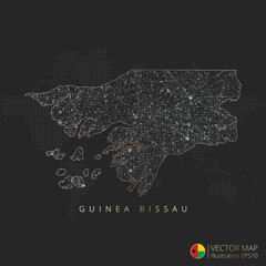 Guinea Bissau vector map abstract geometric mesh polygonal light concept with gold and white glowing contour lines countries and dots on dark background.