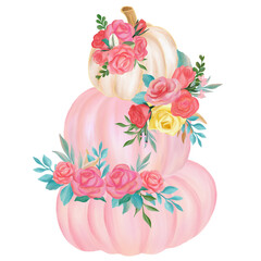 Pink and White fall pumpkin watercolor with hand drawing.  