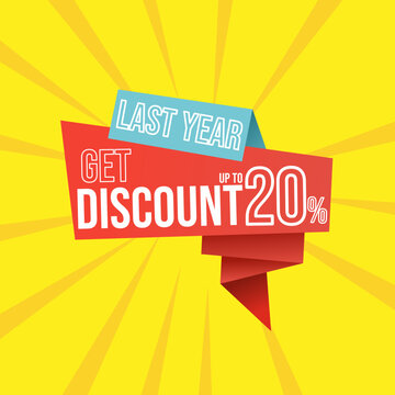 Discount last year up to 20 percent red banner with floating ribbon banner for promotions and offers.