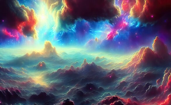 Space nebulae supernova exploding stars and far off galaxies of a Universe made of brilliant bright colors and intergalactic celestia cosmic wonder and magic, illustration.