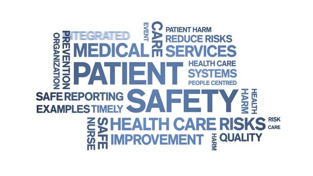 Patient Safety animated tag word cloud;text design animation kinetic typography seamless loop.