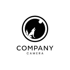 unique black wolf and optic camera logo template, vector image, wolf logo.