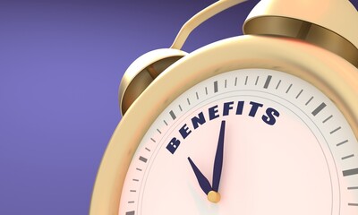 Finance management concept. Alarm clock with benefits text. 3D render