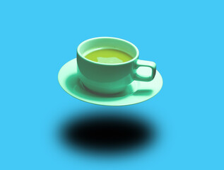 A hot cup of coffee and a saucer of fragrant smoke below. Black shadow separates from a coffee cup. and embed Clipping path. elegant blue background Copy area. vertical picture and perspective view