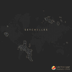 Seychelles vector map abstract geometric mesh polygonal light concept with gold and white glowing contour lines countries and dots on dark background.