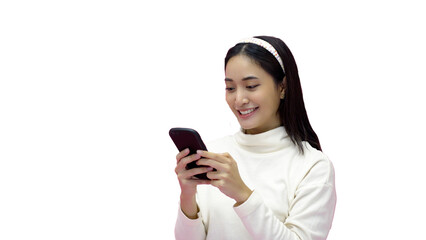 Asian woman smiling and using mobile phone with tablet and excited for online shopping on isolated...